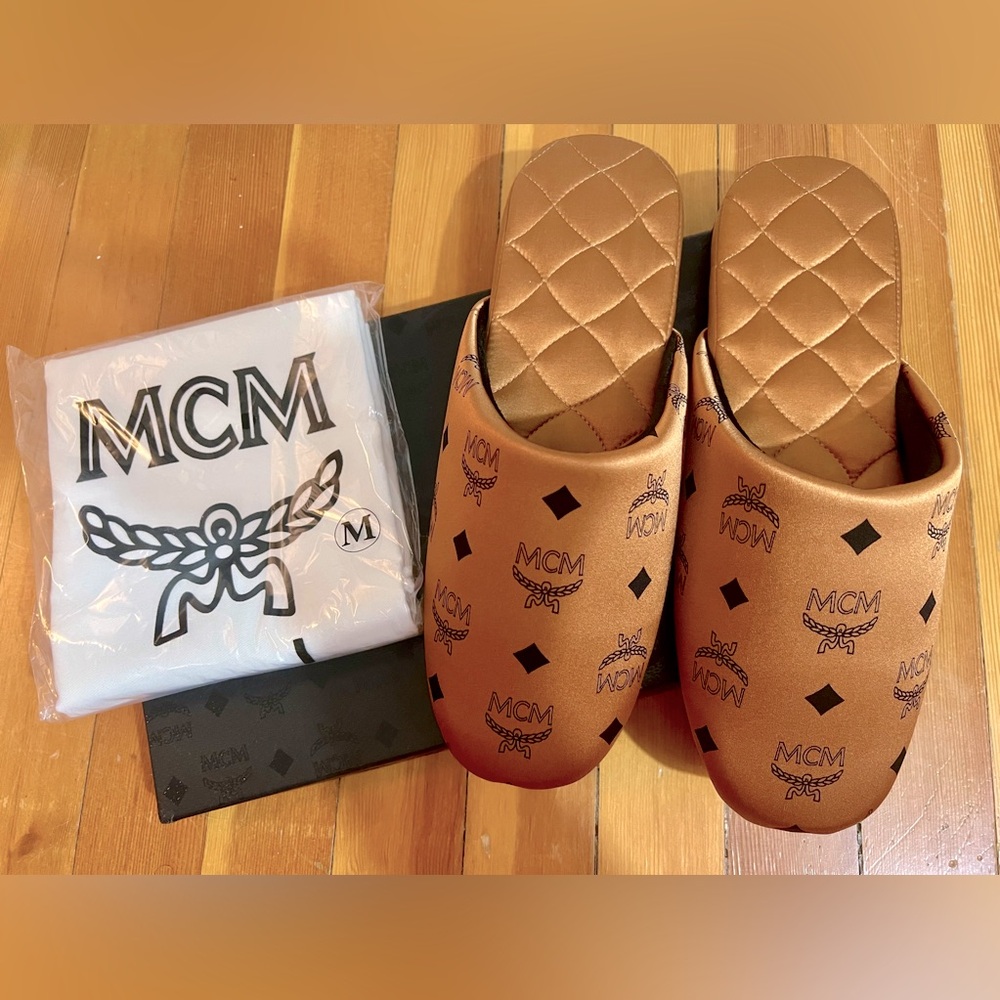 NWT/in box (NEVER worn) unisex MCM brown satin loafers/ slippers w/ logo (Sz M)